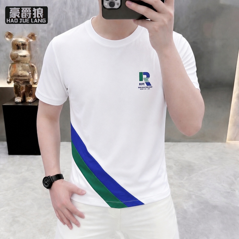 13654396.夏季新款圆领短袖T恤男潮流休闲百搭上衣薄款运动短袖时尚打底衫T