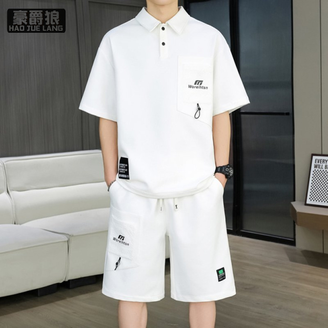 13654427.夏季新款男士短袖POLO衫套装商务休闲帅气男装半袖T恤短裤子