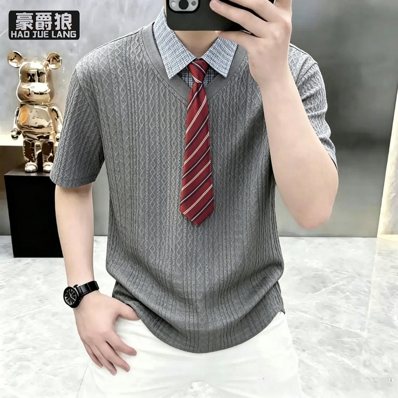 13654454.学院风假两件翻领polo衫短袖T恤男款休闲简约潮流夏季翻领上衣