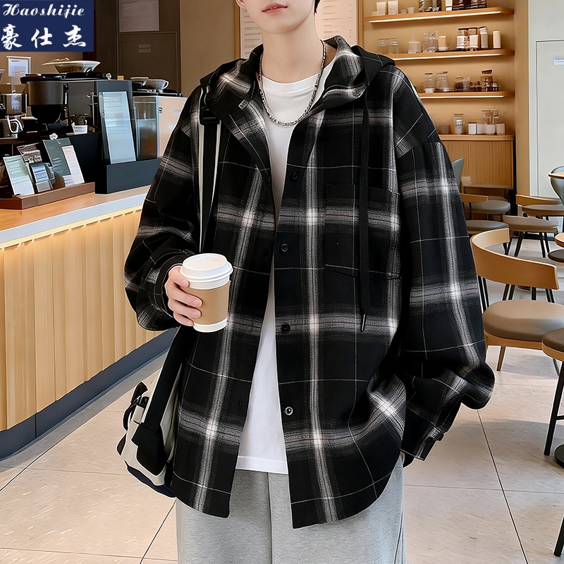 13638854.《百搭潮流》春季新款学院风潮牌宽松版连帽格子长袖衬衫夹克外套