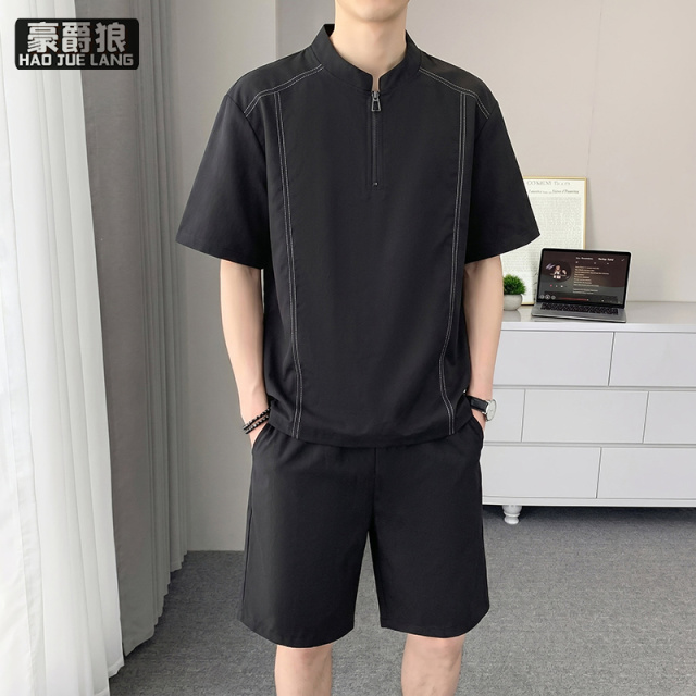 13654370.立领短袖套装男士夏季休闲运动潮流半拉链冰丝亚麻T恤短裤两件套