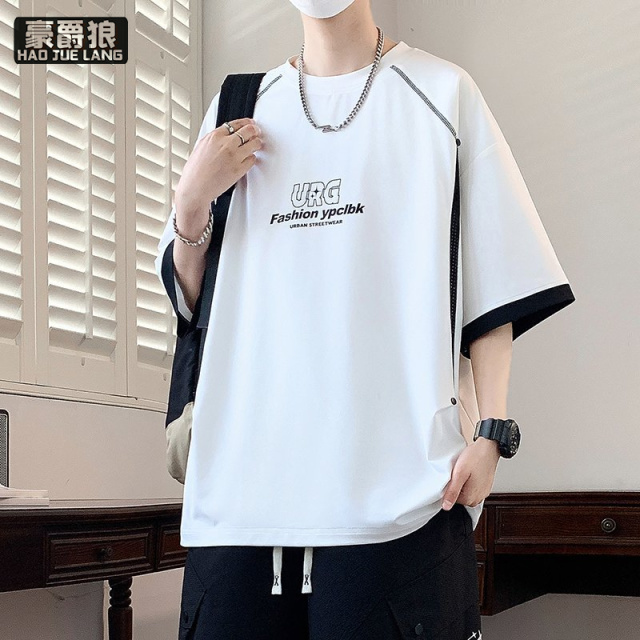 13654418.夏季新款男士宽松潮流短袖T恤撞色拼接设计字母印花百搭