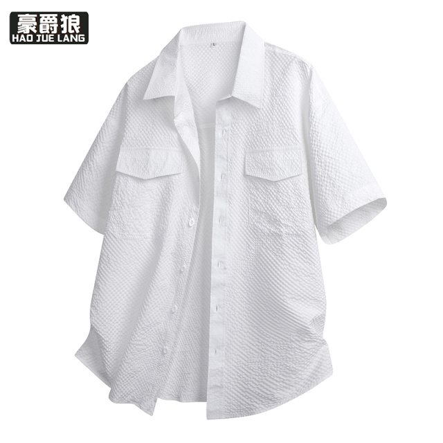 13654404.日系慵懒风泡泡纱格子衬衫男舒适夏季新款宽松翻领短袖衬衣外套潮