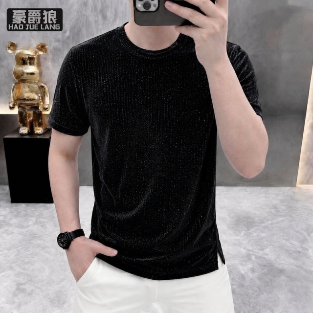 13654374.高级感夏季圆领银丝短袖T恤男夏季圆领宽松痞帅网红潮牌休闲上衣