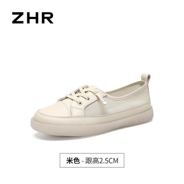 13641555.【ZHR则则】平底小白鞋圆头松紧带软底女鞋[牛剖层移膜革+网布]