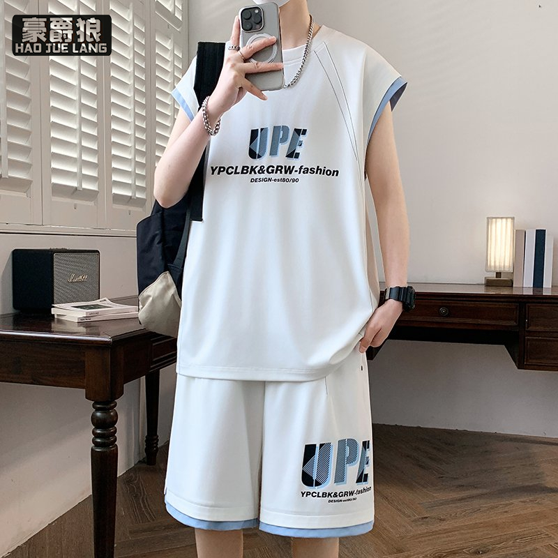 13654436.青少年夏季无袖运动套装男潮牌字母印花背心短裤男两件套运动穿搭