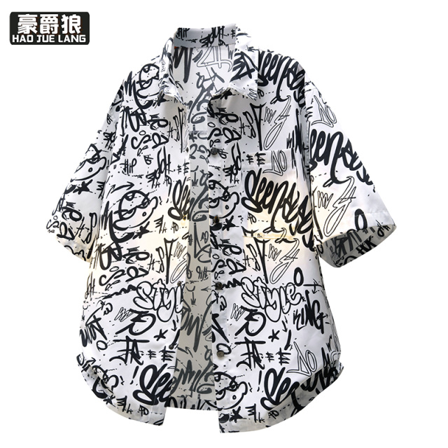13654479.短袖衬衫男款夏季宽松轻薄凉感满花翻领衬衣套装百搭休闲百搭外套