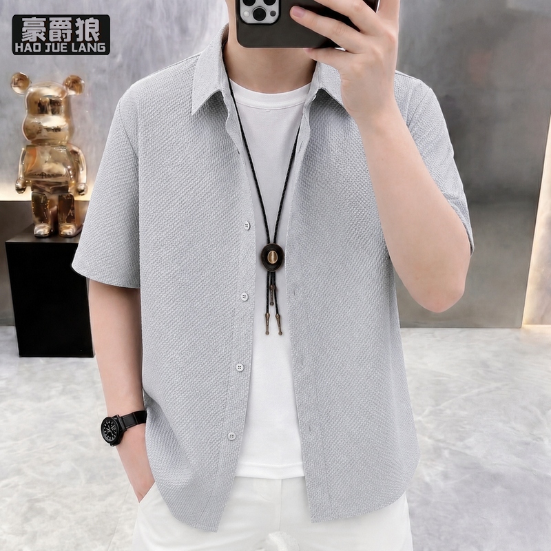 13654481.纯色短袖衬衫男士夏季薄款冰丝商务休闲衬衣韩版免烫帅气男装寸衣