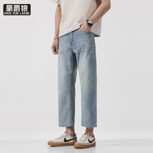 13654388.新款八分牛仔裤男弹力小个子宽松直筒夏季薄款潮牌休闲八分裤