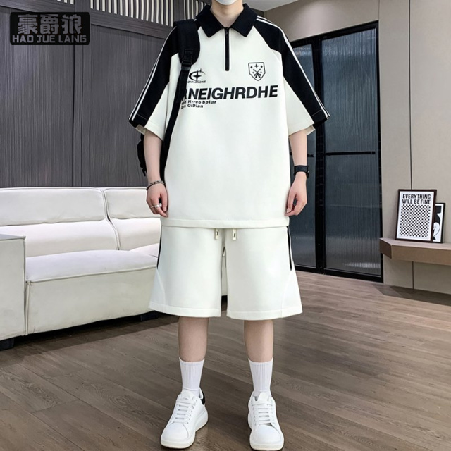 13654430.polo衫短袖t恤男夏季新款美式复古街头宽松拼接撞色翻领短袖套装