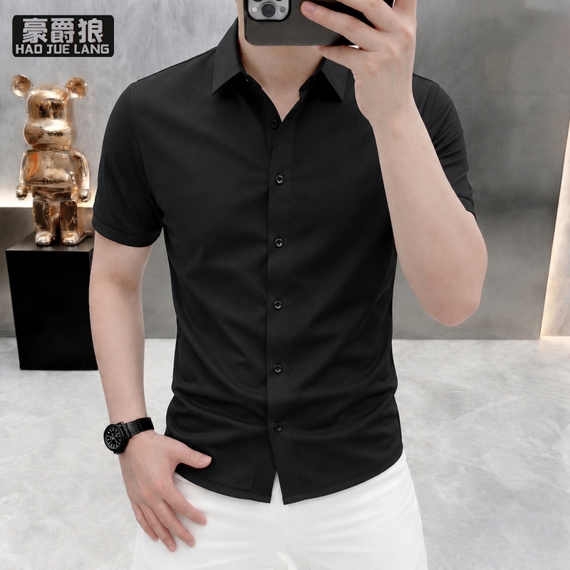 13654380.新款夏季冰丝短袖衬衫男修身韩版高级男装商务男士衬衣免烫寸