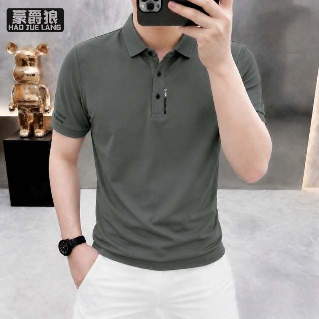 13654455.翻领冰丝POLO衫男式短袖夏季新款修身薄款透气商务休闲上衣服