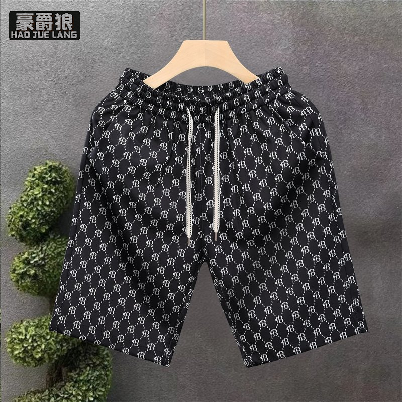 13654387.夏季休闲短裤男士薄款冰丝沙滩裤子潮流字母提花宽松五分直筒中裤
