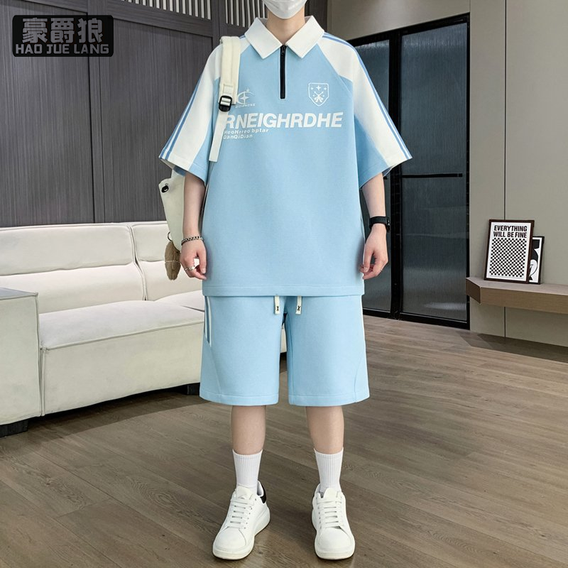 13654430.polo衫短袖t恤男夏季新款美式复古街头宽松拼接撞色翻领短袖套装