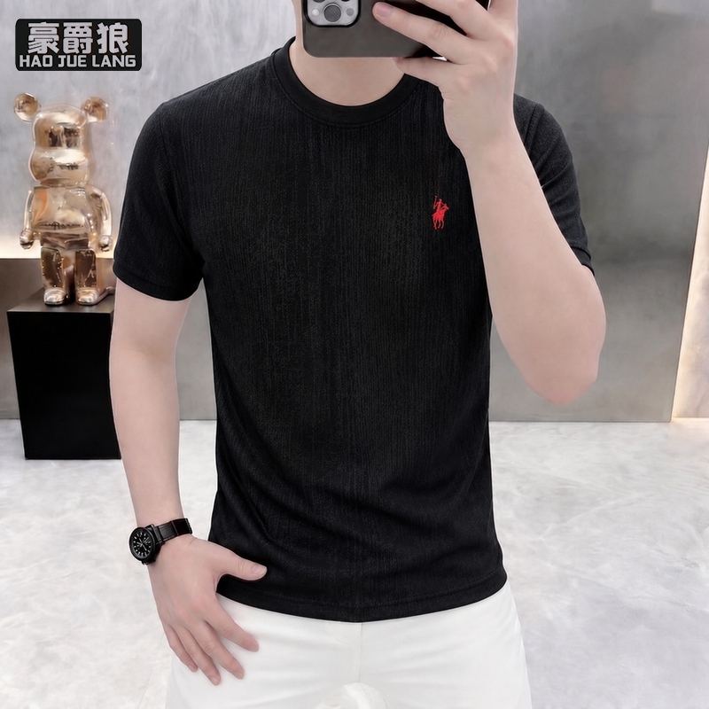 13654439.冰丝短袖t恤男夏季提花圆领宽松休闲时尚半袖男装速干打底衫潮流