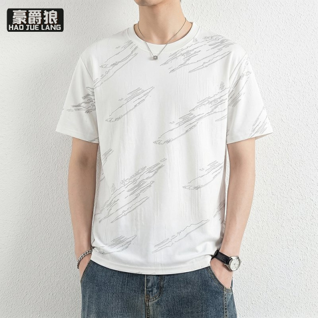 13654366.男士短袖T恤夏季新款圆领潮流提花暗纹半袖中年青年休闲百搭上衣