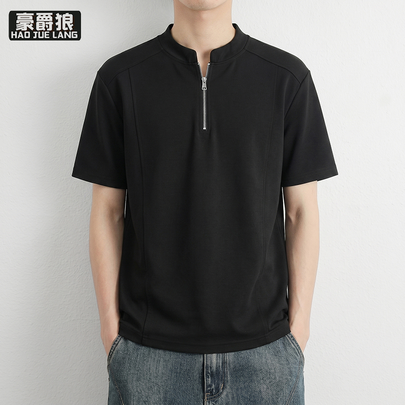 13654400.半高拉链立领短袖T恤男夏季薄款透气上衣商务休闲男士半袖Polo衫