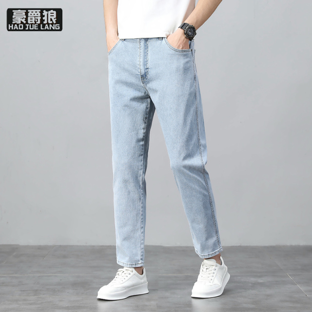 13654423.免剪裤脚矮个子九分牛仔裤男士直筒修身潮牌夏季薄款弹力休闲裤潮