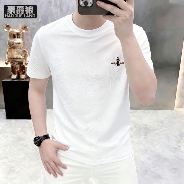 13654442.凉感薄款男士短袖T恤衫夏季新款潮流冰丝t恤男透气圆领休闲上衣服
