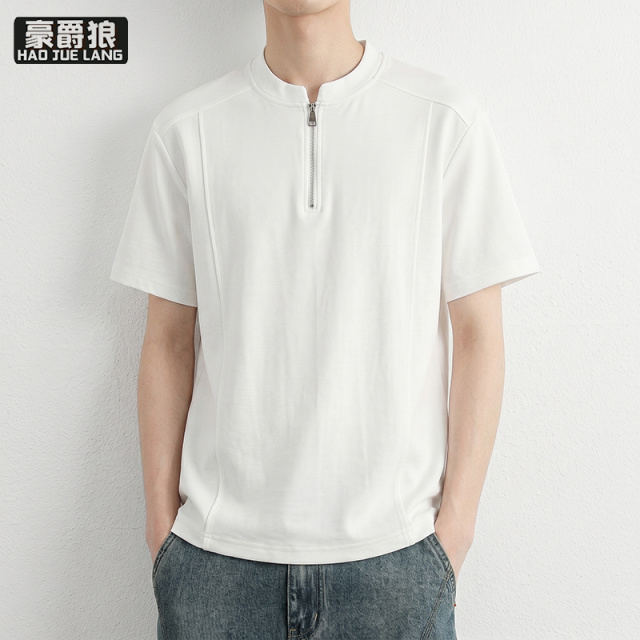 13654400.半高拉链立领短袖T恤男夏季薄款透气上衣商务休闲男士半袖Polo衫