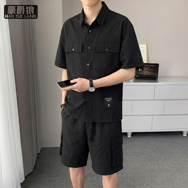 13654420.工装衬衫男套装夏季潮冰丝短袖短裤穿搭配帅气男装休闲运动一整套