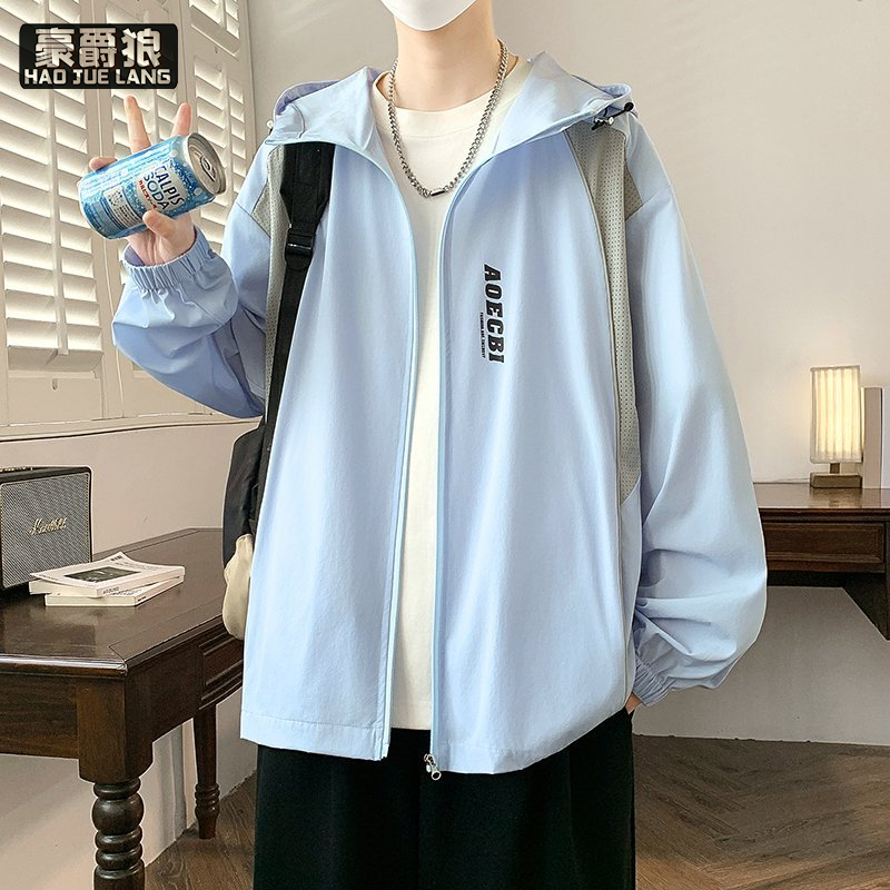 13654422.冰丝凉感外套男连帽夏季新款撞色拼接字母夹克网眼透气轻薄户外服