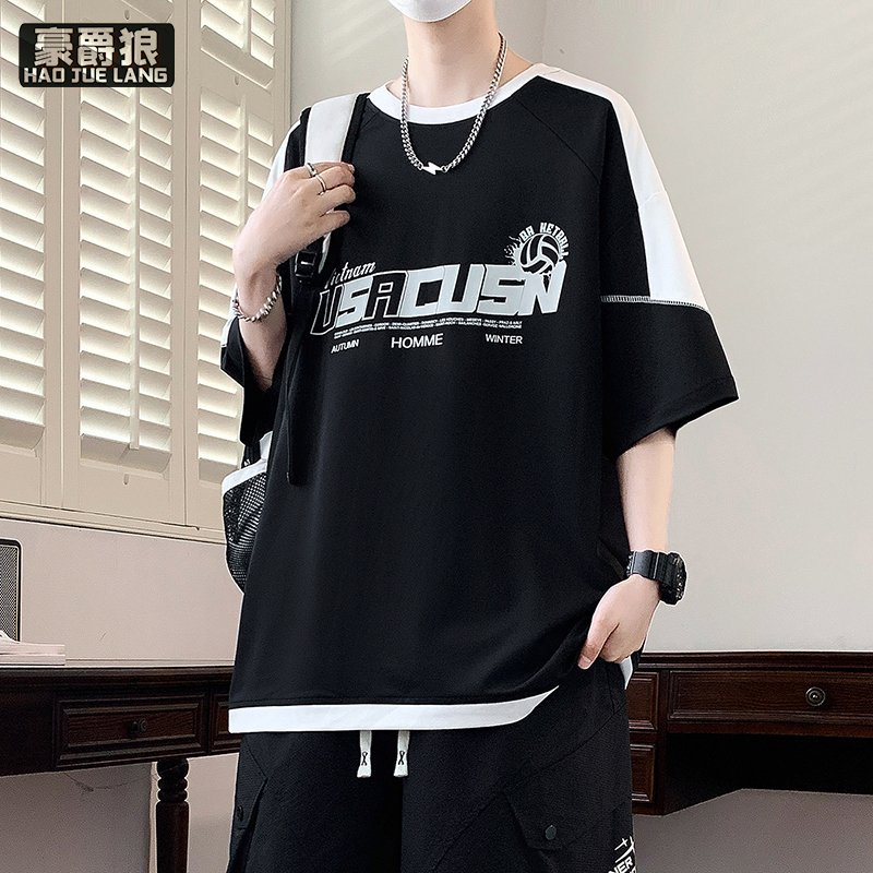 13654421.夏季新款青少年男士短袖T恤潮流学院风百搭宽松学生帅气凉感半袖