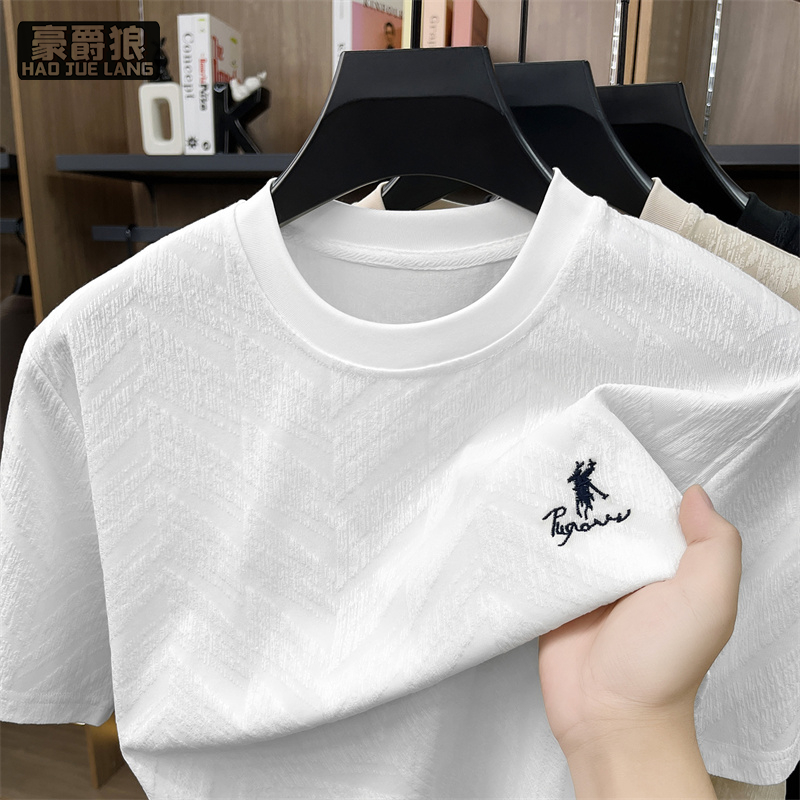 13654480.男士夏季新款缎面提花树皮绣标t恤青年亲肤透气短袖上衣体恤