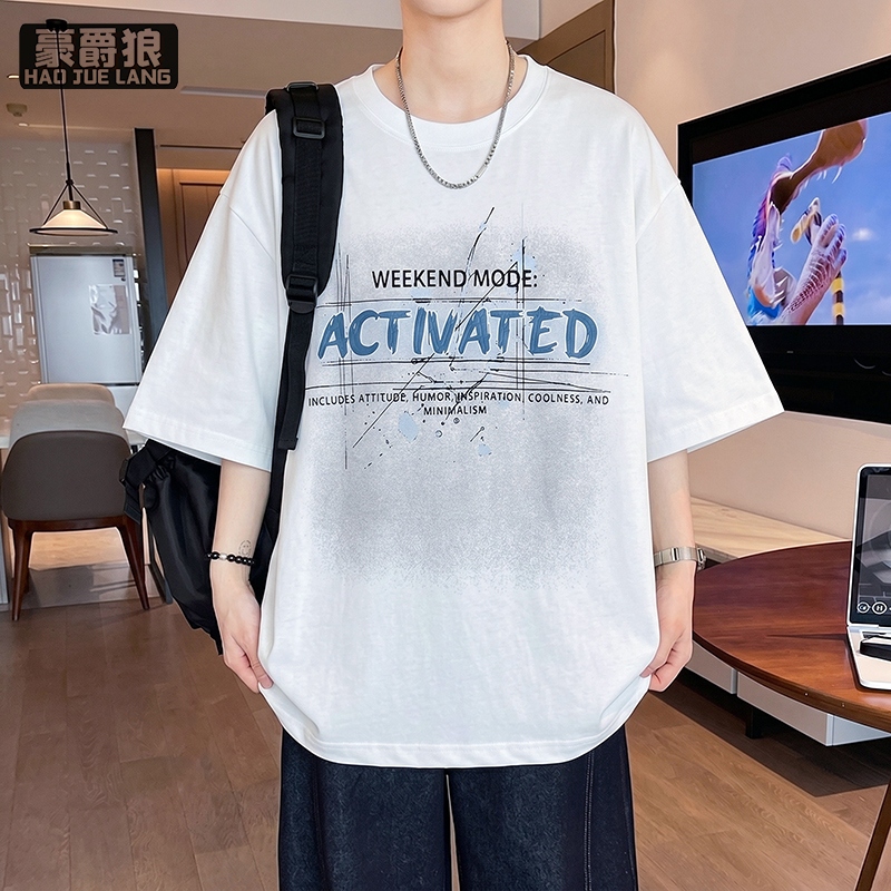 13654428.青少年夏季款凉感男士短袖T恤美式休闲潮流百搭宽松印花学生半袖