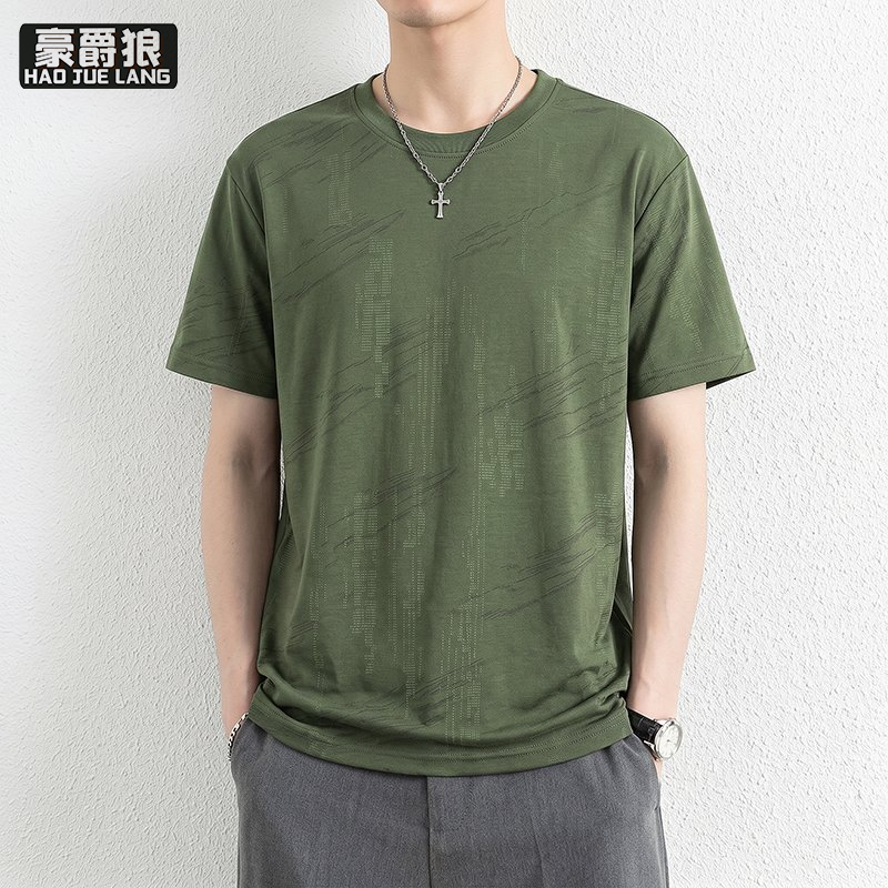 13654366.男士短袖T恤夏季新款圆领潮流提花暗纹半袖中年青年休闲百搭上衣