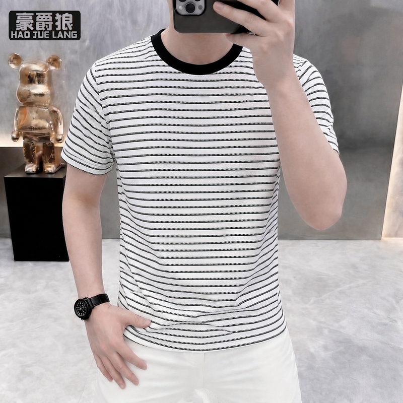 13654372.美式复古撞色条纹正肩短袖t恤男夏季潮牌重磅宽松高级感圆领半袖
