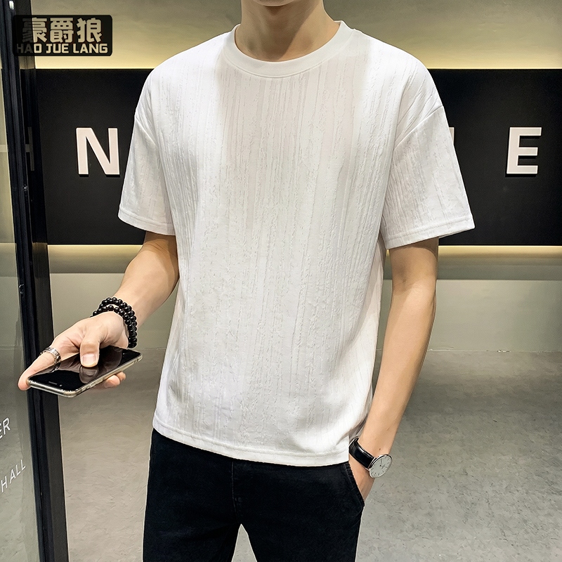 13654409.韩版肌理感提花短袖T恤男士夏季重磅高级感速干冰丝凉感半袖上衣