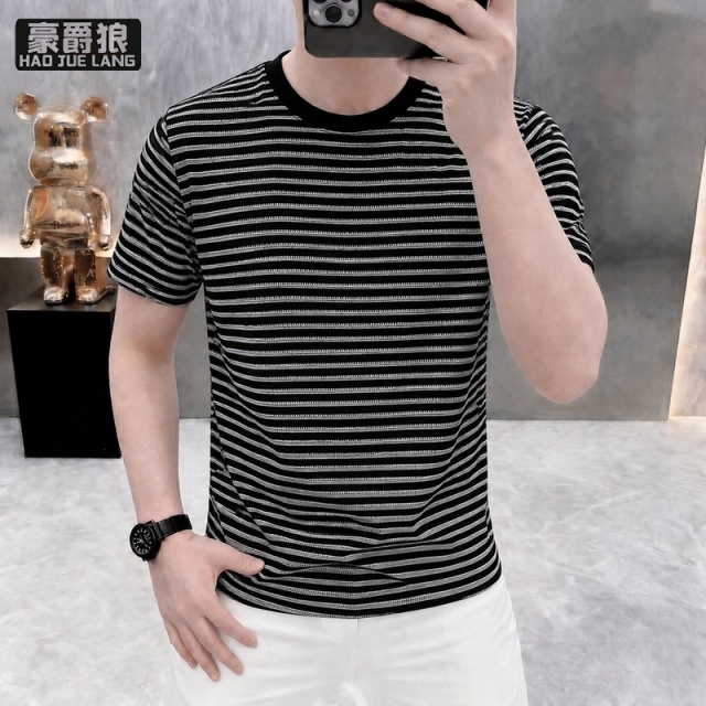 13654372.美式复古撞色条纹正肩短袖t恤男夏季潮牌重磅宽松高级感圆领半袖