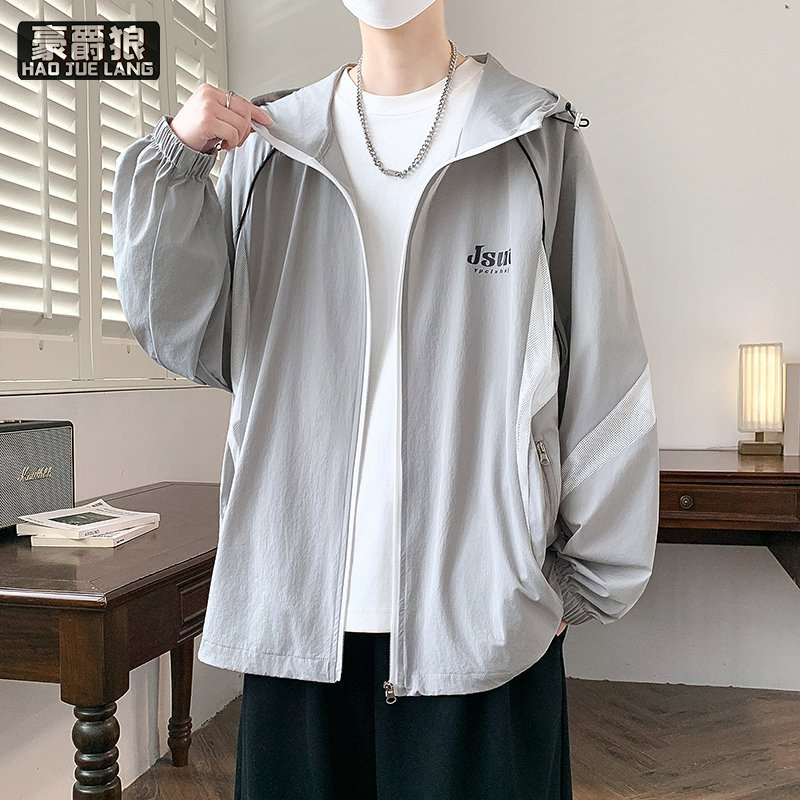 13654419.网眼拼接外套男夏季新款冰丝凉感连帽夹克男轻薄透气青少年皮肤衣