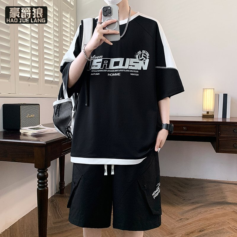 13654474.夏季休闲风青少年时尚运动两件套字母印花撞色拼接设计男生两件套