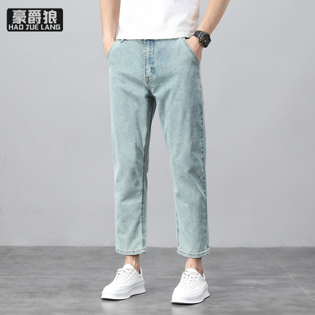 13654378.春夏新款牛仔裤纯棉八分裤男修身直筒弹力八分水洗牛仔裤潮