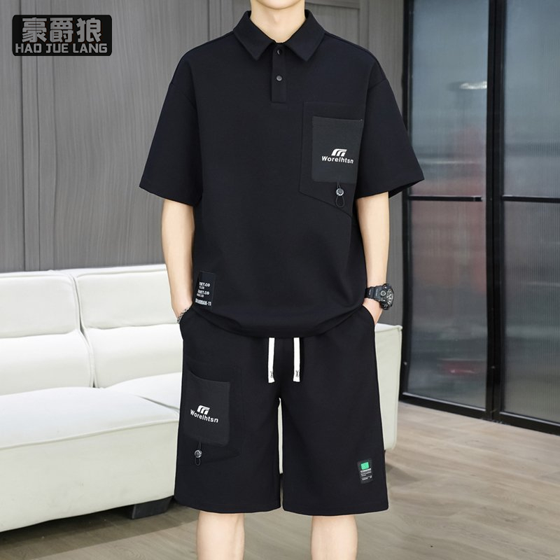 13654427.夏季新款男士短袖POLO衫套装商务休闲帅气男装半袖T恤短裤子