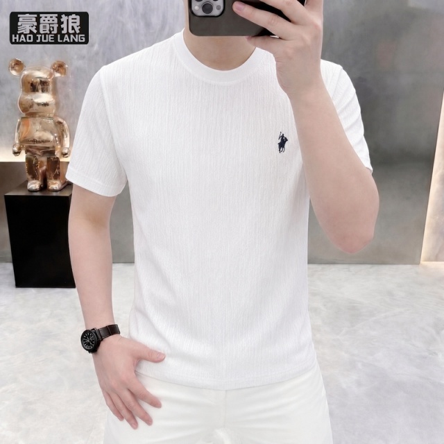 13654439.冰丝短袖t恤男夏季提花圆领宽松休闲时尚半袖男装速干打底衫潮流
