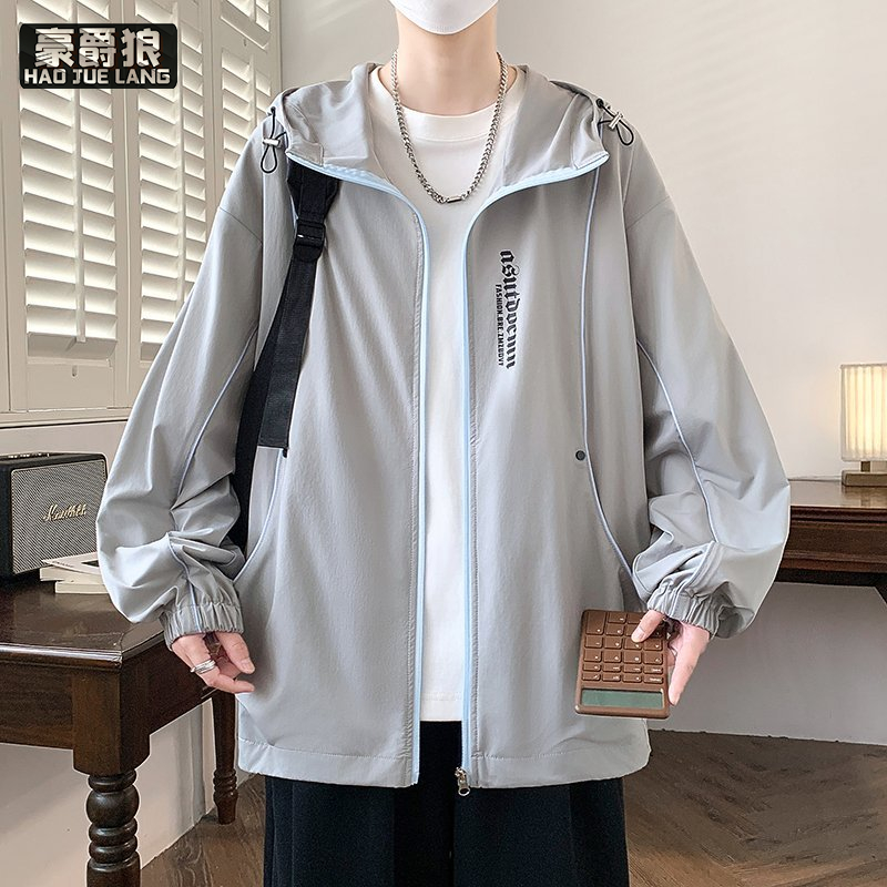 13654414.夏季青少年男士连帽防晒夹克学生百搭宽松轻薄透气户外防晒服外套