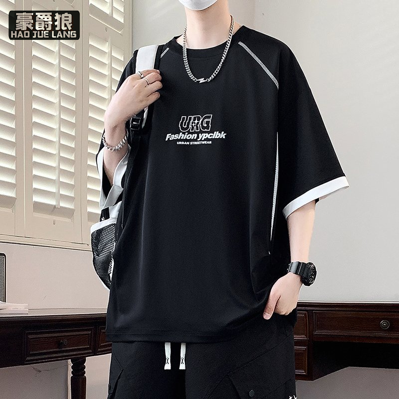 13654418.夏季新款男士宽松潮流短袖T恤撞色拼接设计字母印花百搭