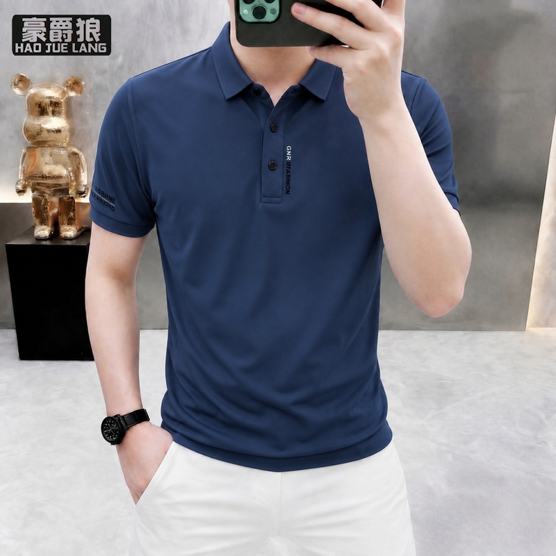 13654455.翻领冰丝POLO衫男式短袖夏季新款修身薄款透气商务休闲上衣服