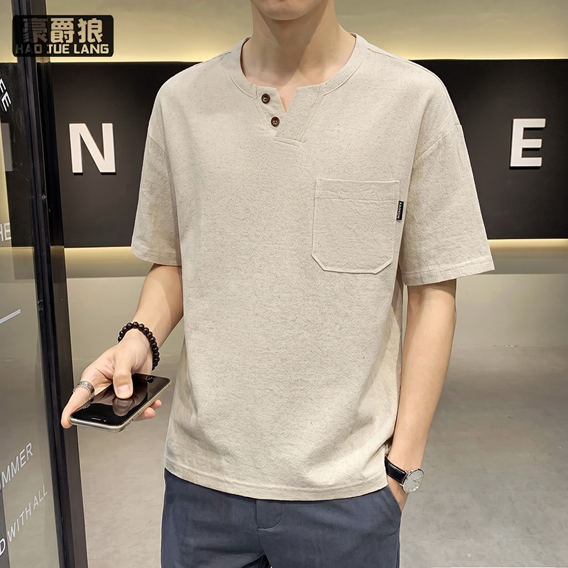 13654393.老钱风短袖t恤男士夏季复古亨利领上衣亚麻休闲半袖体恤男款