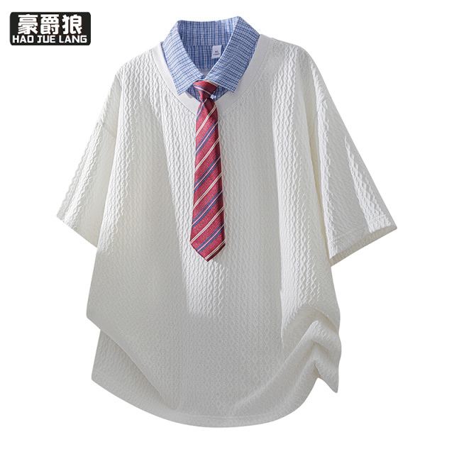 13654454.学院风假两件翻领polo衫短袖T恤男款休闲简约潮流夏季翻领上衣
