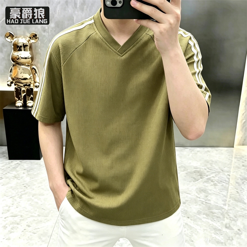 13654452.美式风冰丝短袖男夏季新款潮牌条纹凉感半袖宽松青少年透气T恤衫
