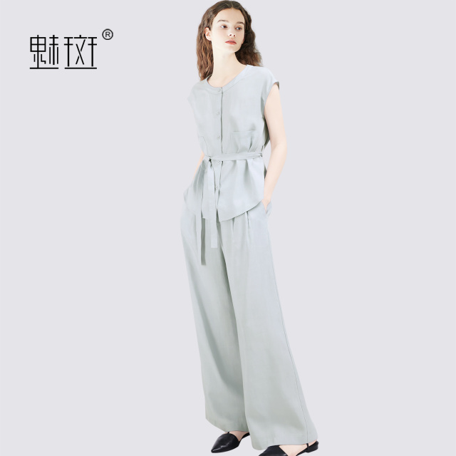 13655767.魅斑圆领绑带衬衫阔腿裤两件套天丝单排扣蓝色套装
