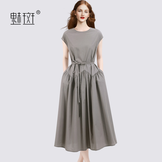 13655763.魅斑灰色天丝短袖连衣裙系带压褶裙子