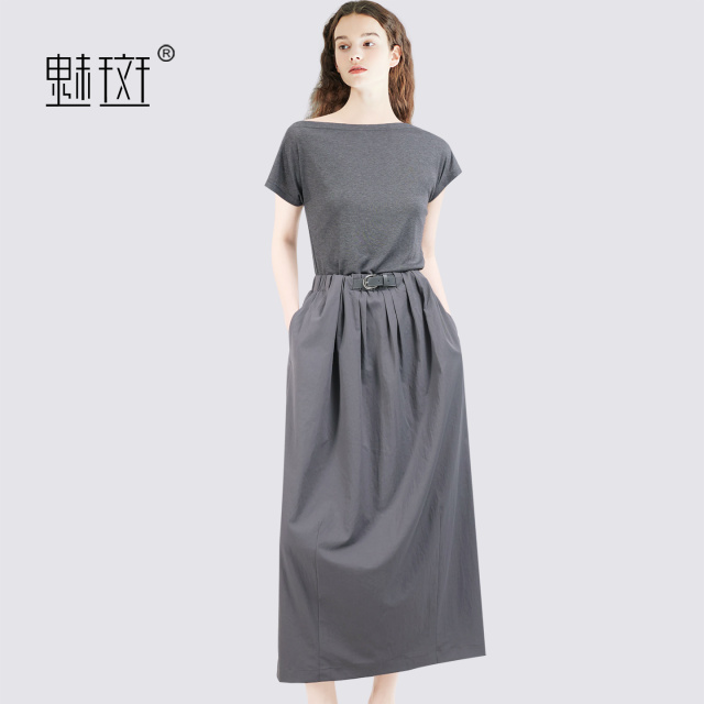 13655762.魅斑拼接假两件连衣裙灰色裙子