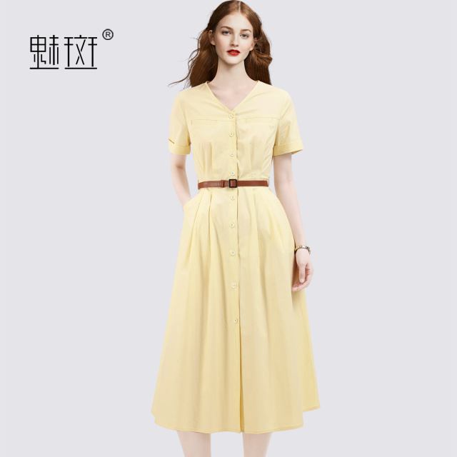 13655760.魅斑黄色V领短袖连衣裙棉质裙子