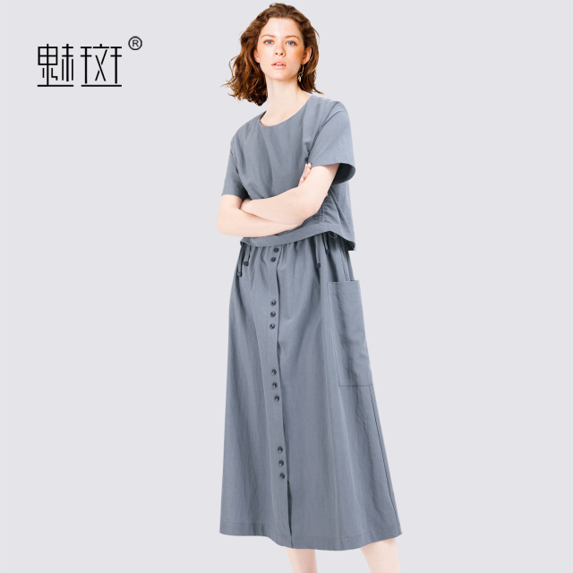 13655769.魅斑圆领假两件天丝亚麻连衣裙抽绳裙子