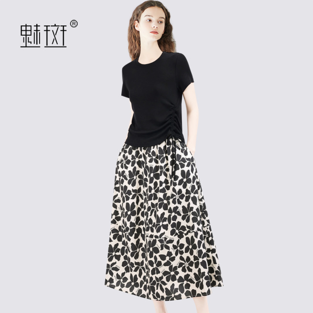 13655758.魅斑棉莫代尔抽绳短袖印花半身裙套装